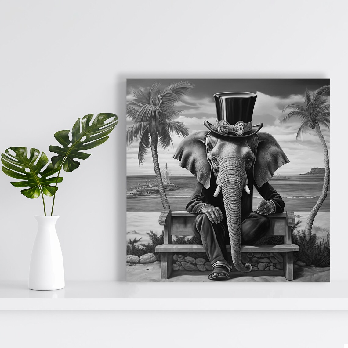 Dapper Elephant In Top Hat On Beach Bench Black And White Surrealist Poster - Image 2