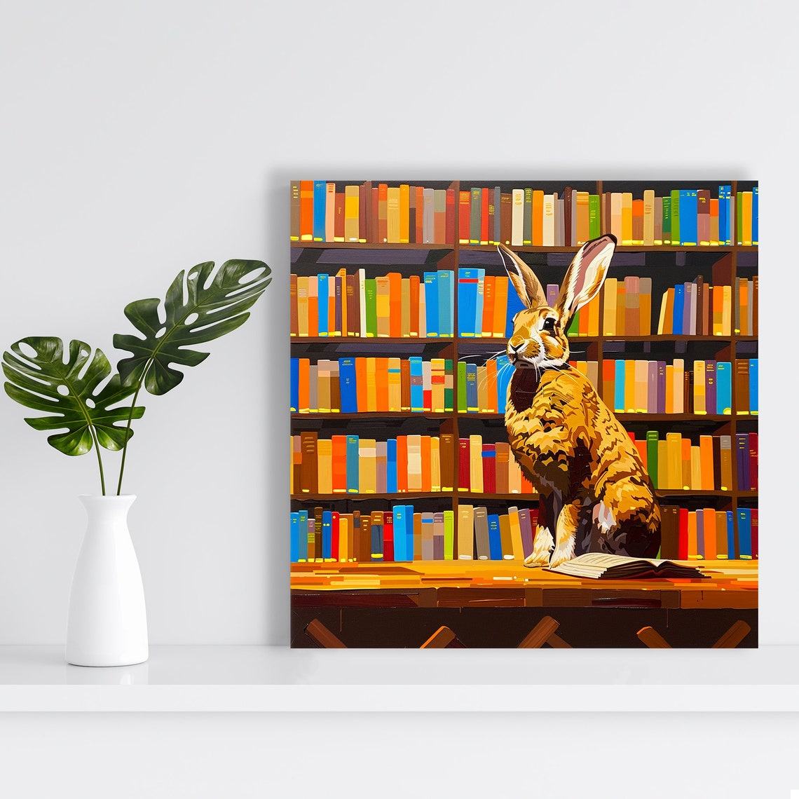 Brown Hare In Colorful Book Library Open Book Cozy Reader Art Poster - Image 2