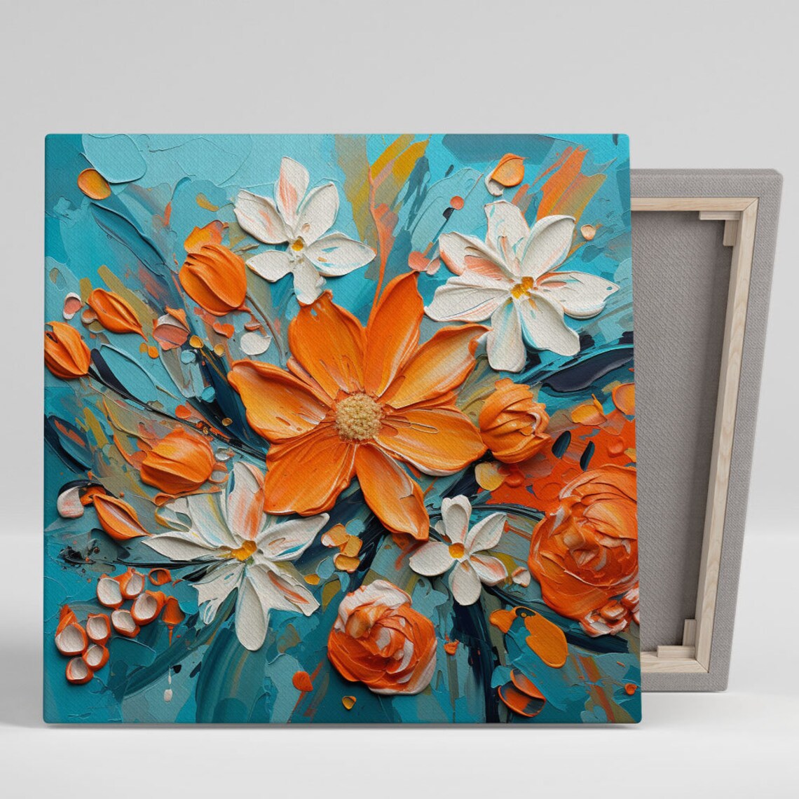 Orange And White Floral Art Print, Living Room Decor