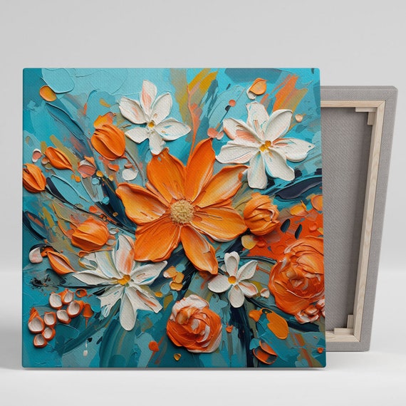 Orange And White Floral Art Print, Living Room Decor