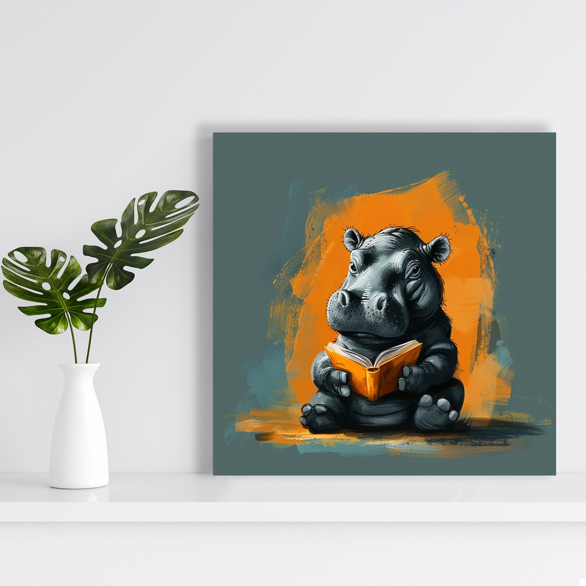 Baby Hippo Reading Orange Book Adorable Kids Nursery Wall Poster - Image 2