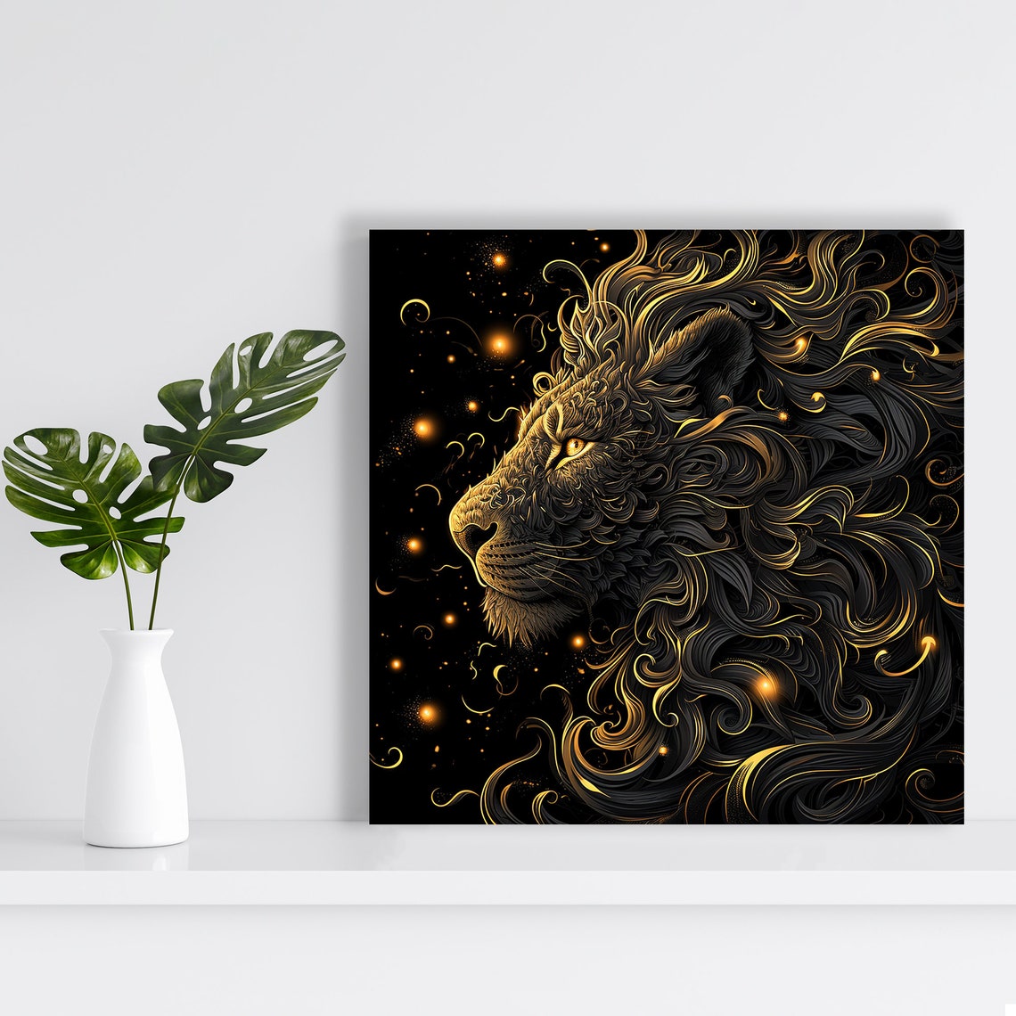 Celestial Golden Lion Swirl Black Background Majestic Wall Art Poster - Image 2