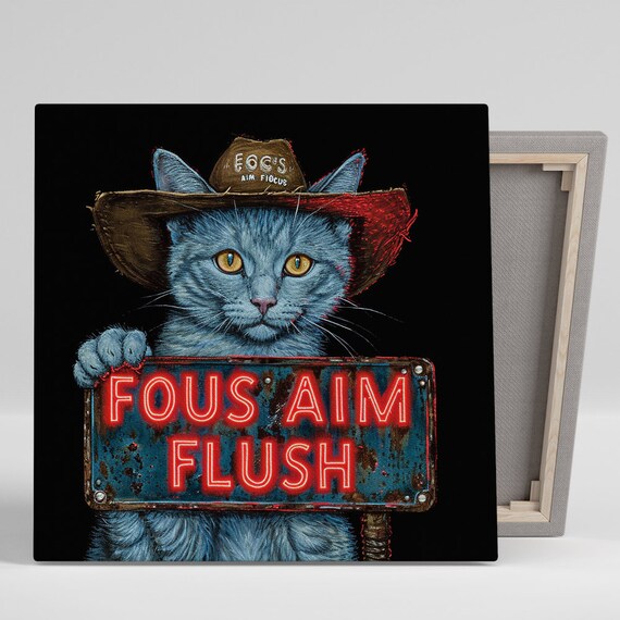 Cowboy Cat Holding Neon Fous Aim Flush Sign Humorous Pop Art Style Poster