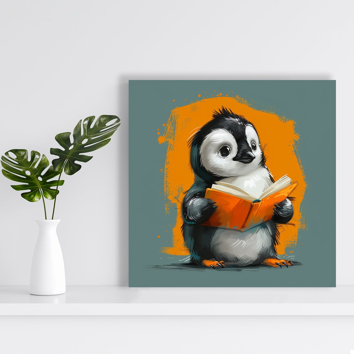 Baby Penguin Reading Orange Book Teal Kids Nursery Wall Poster - Image 2