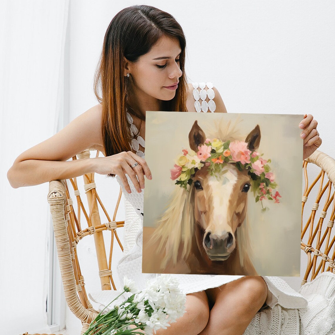 Horse Floral Crown Wall Art Print, Rustic Decor - Image 3