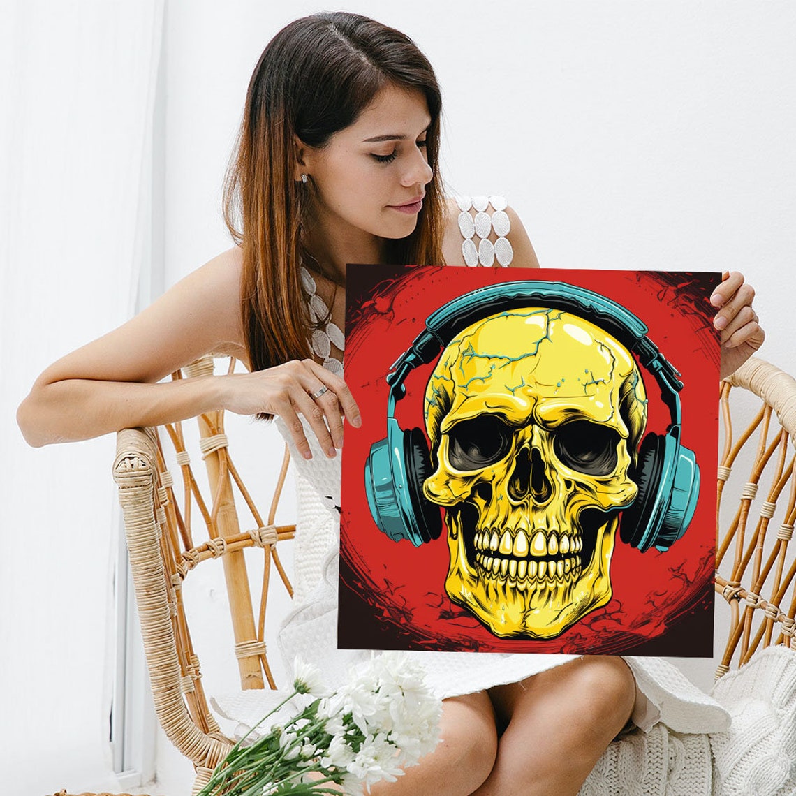 Skull Wearing Headphones Bold Red Background Rock Music Art Poster - Image 3