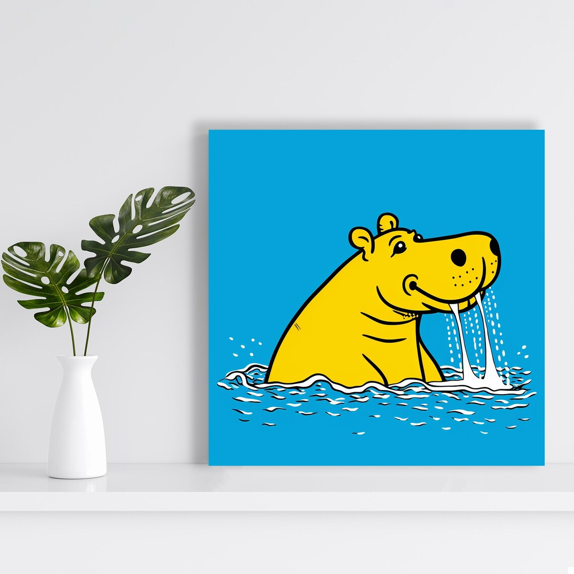 Yellow Cartoon Hippo Splashing In Bright Blue Water Pop Poster - Image 2