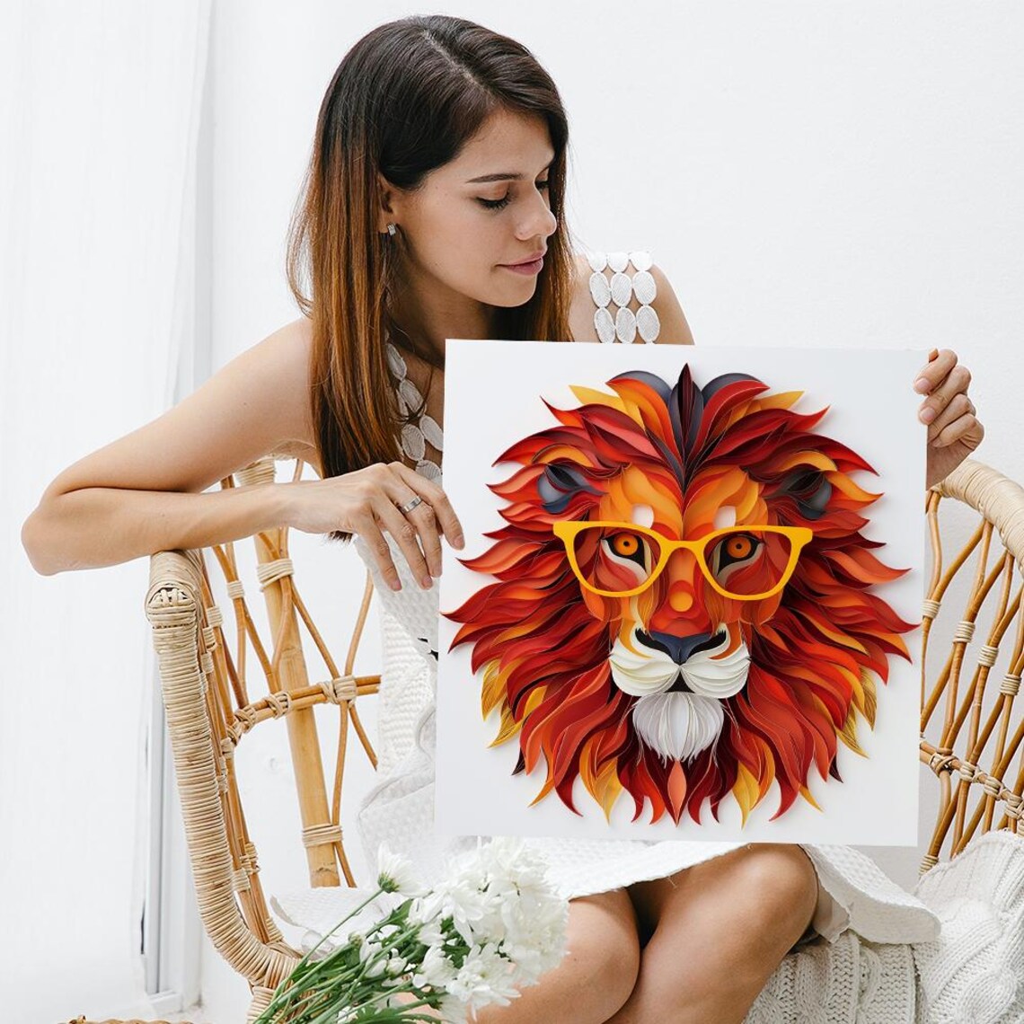 Whimsical Lion Head Paper Quilling Art Yellow Glasses Red Mane Wall Poster - Image 3