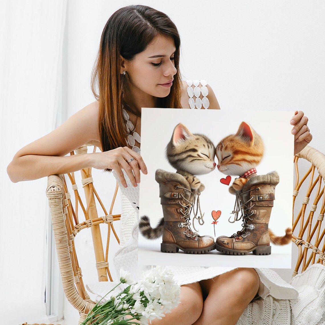 Two Kittens In Rustic Boots Touching Heads Sweet Heartwarming Art Poster - Image 3