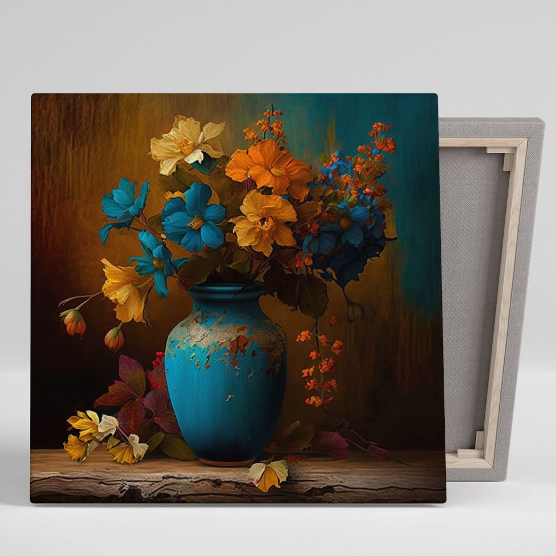 Golden Wildflower Bouquet Turquoise Vase Classic Still Life Art Poster