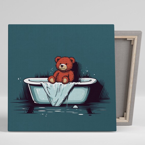 Teddy Bear In Bathtub Playful Blue Background Kids Room Poster