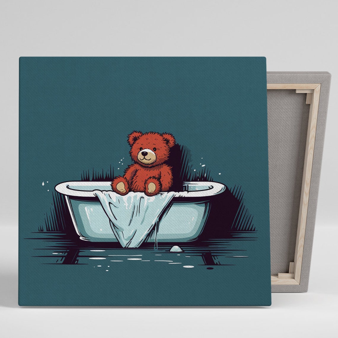 Teddy Bear In Bathtub Playful Blue Background Kids Room Poster