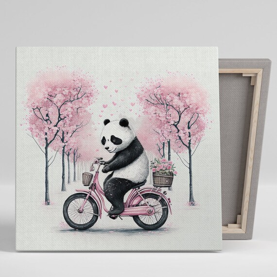 Cute Panda Pink Bicycle Cherry Blossom Ride Whimsical Nursery Poster