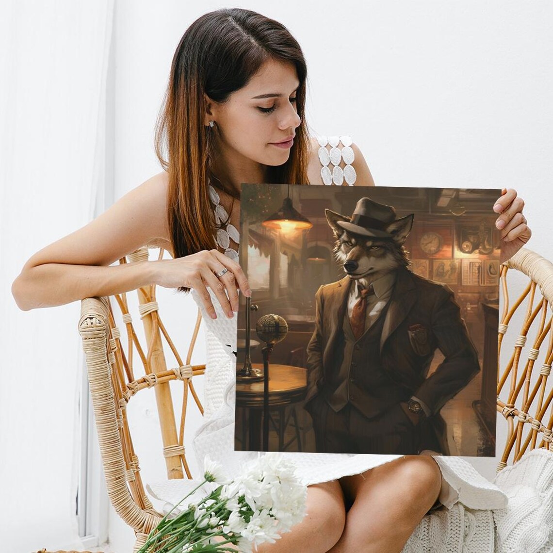 Dapper Wolf Noir Suit Fedora Vintage Jazz Bar Moody Animal Wall Art Print - Image 3