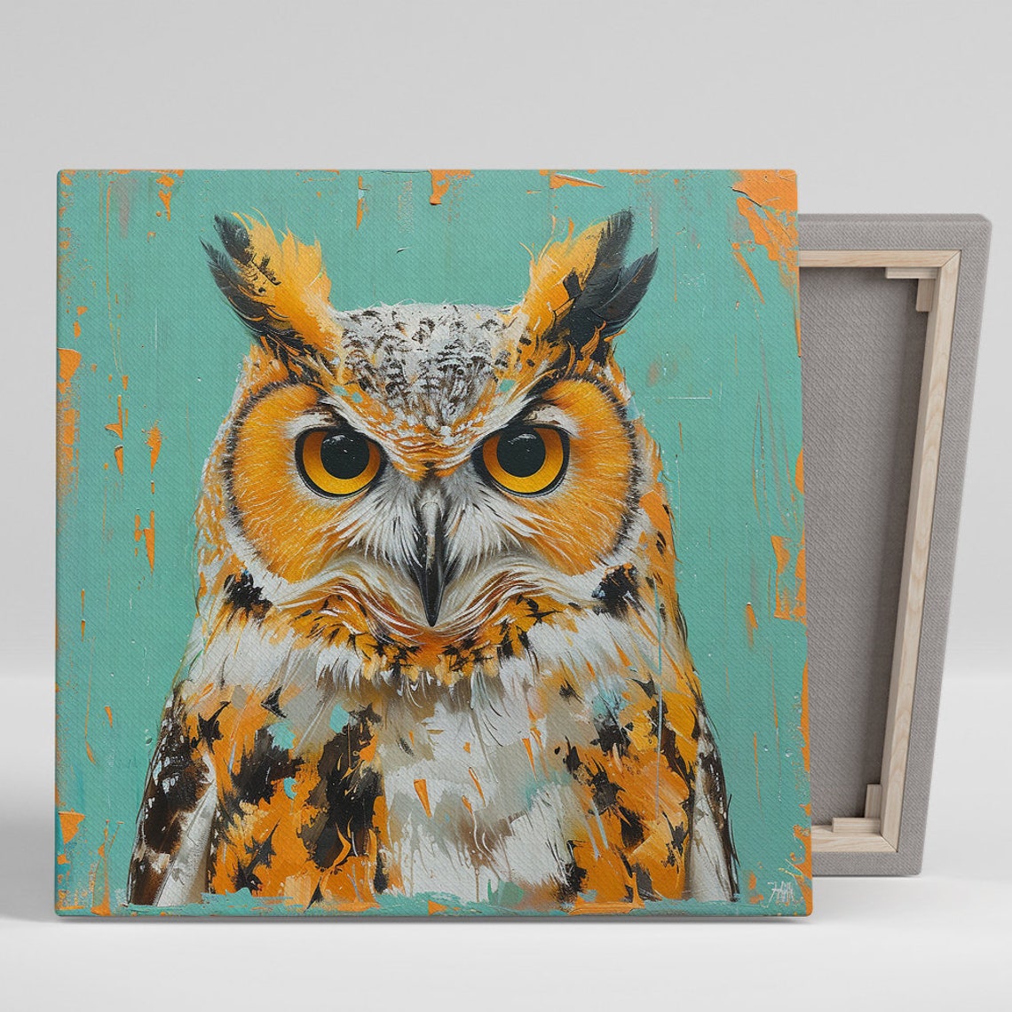 Great Horned Owl Portrait Poster Turquoise Orange Painterly Decor