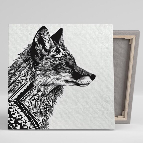 Wolf Head Profile Tribal Line Art Black and White Intricate Wall Art Poster