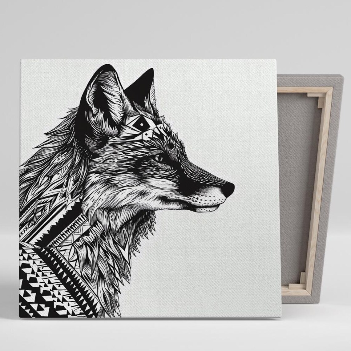 Wolf Head Profile Tribal Line Art Black and White Intricate Wall Art Poster