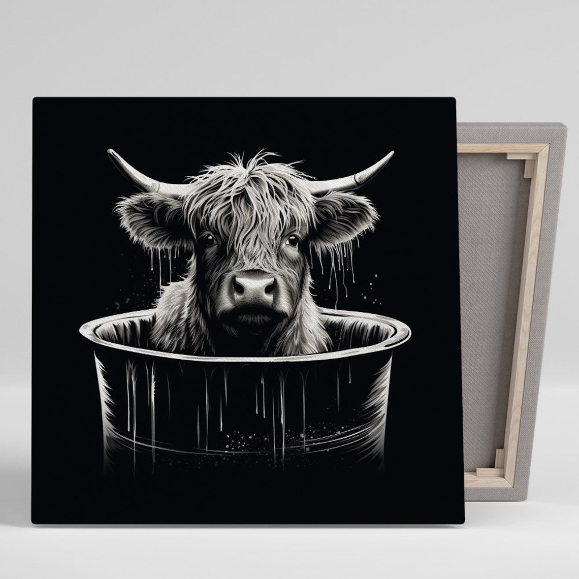 Highland Cow In Bucket Black White Whimsical Wall Art Poster