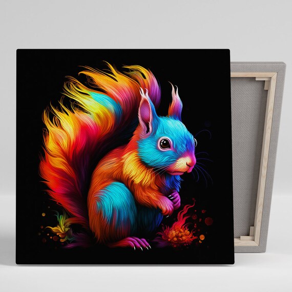Rainbow Colorful Squirrel Black Background Vibrant Wall Art Poster