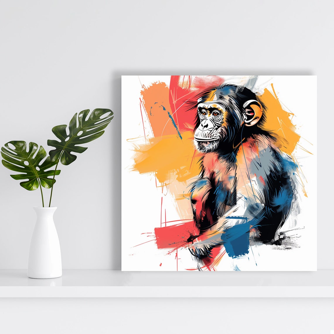 Chimpanzee Abstract Brushstrokes Red Blue Primate Art Poster - Image 2