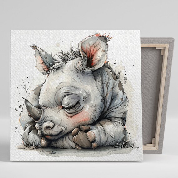 Sleepy Baby Rhino Watercolor Sketch Peaceful Nursery Animal Wall Poster