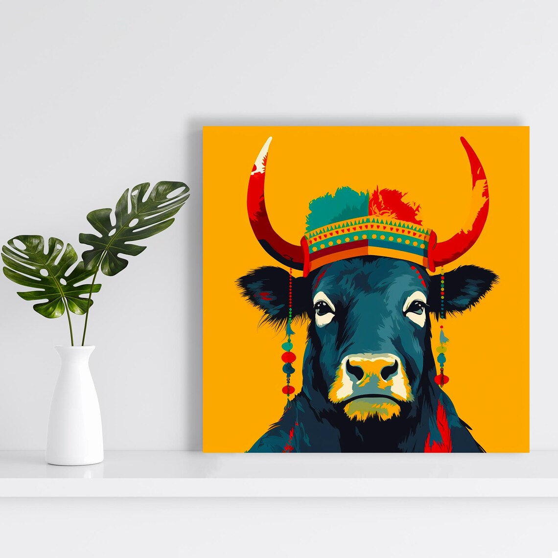 Highland Cow with Colorful Tribal Headdress Pop Style Yellow Poster - Image 2