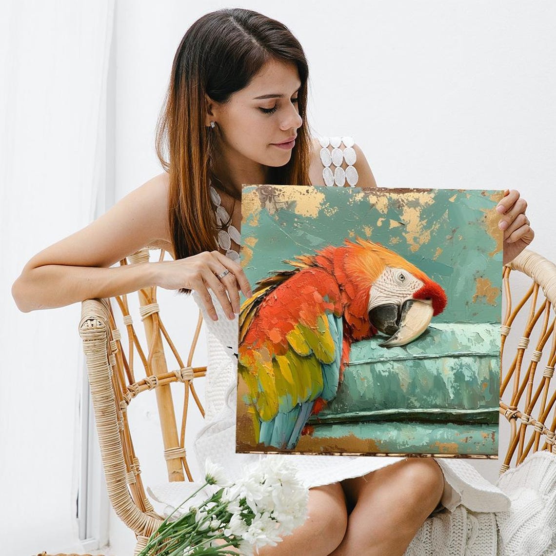 Resting Macaw Parrot Impasto Oil Style On Teal Gold Background Poster - Image 3