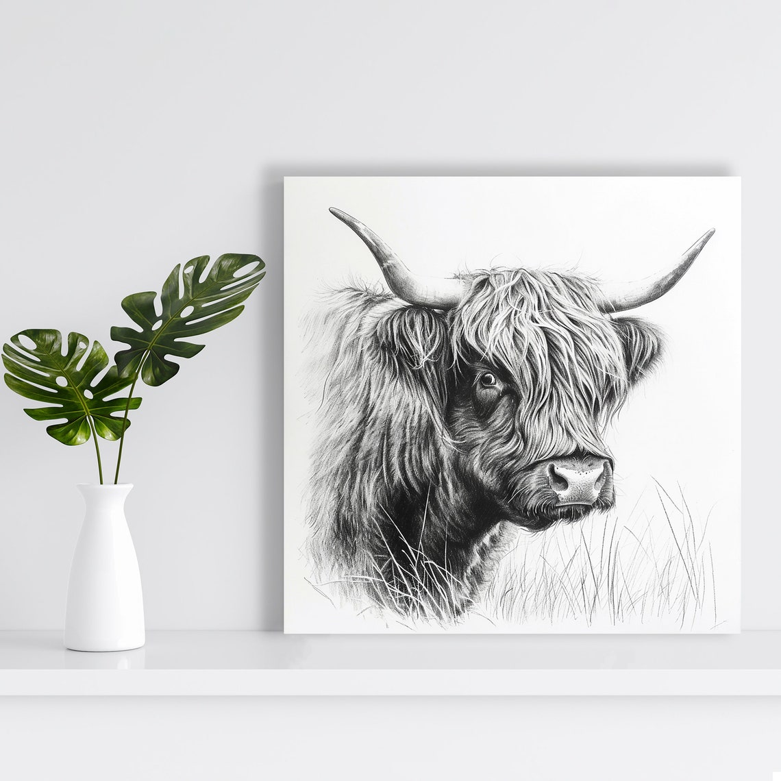 Highland Cow Portrait Black White Sketch Shaggy Hair Long Horns Poster - Image 2