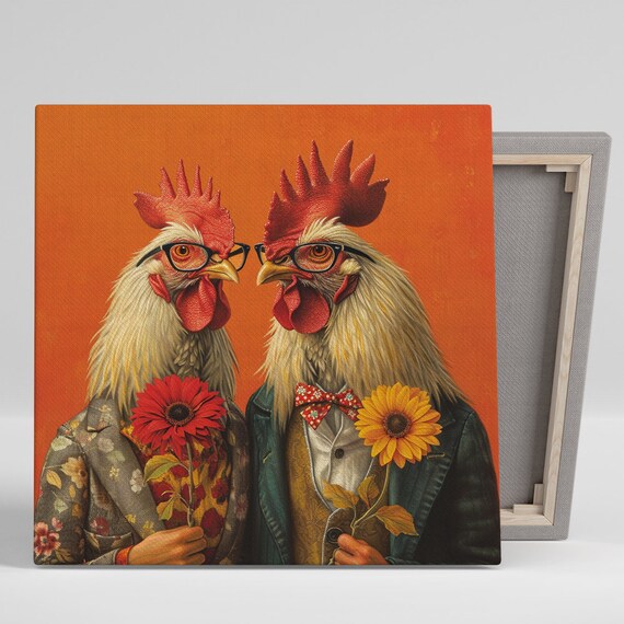 Scholarly Roosters In Bloom, Whimsical Retro Art Print