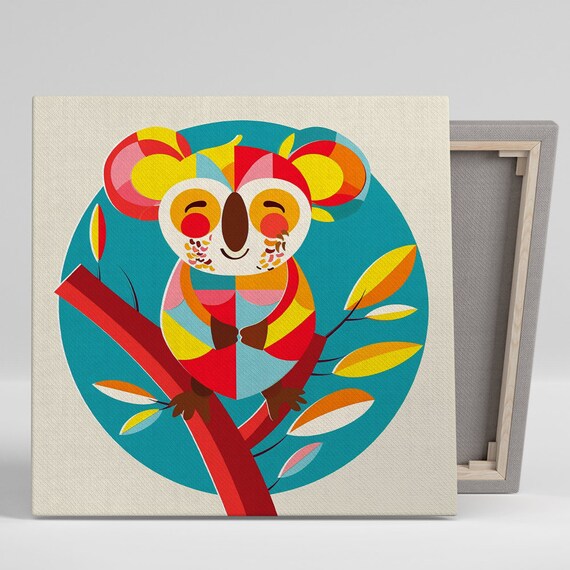 Cute Geometric Koala Branch Teal Red Yellow Playful Kids Art Poster