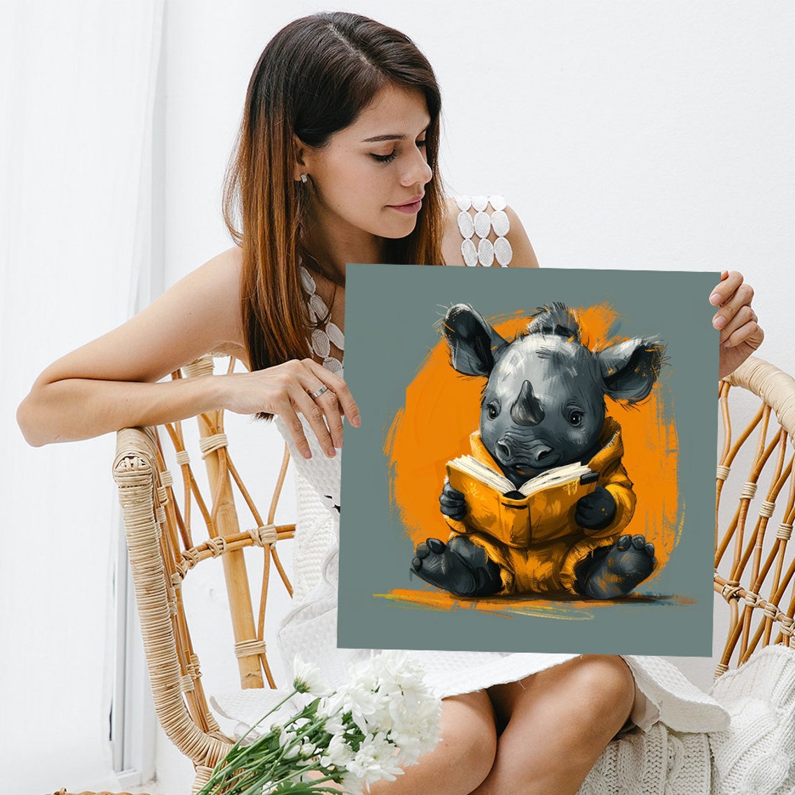 Baby Rhino Reading Book Whimsical Bookworm Nursery Wall Art Poster - Image 3