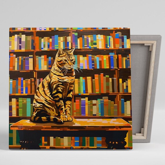 Tabby Cat On Library Table Among Colorful Bookshelves Literary Cat Poster