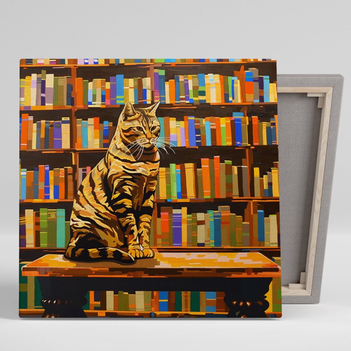 Tabby Cat On Library Table Among Colorful Bookshelves Literary Cat Poster