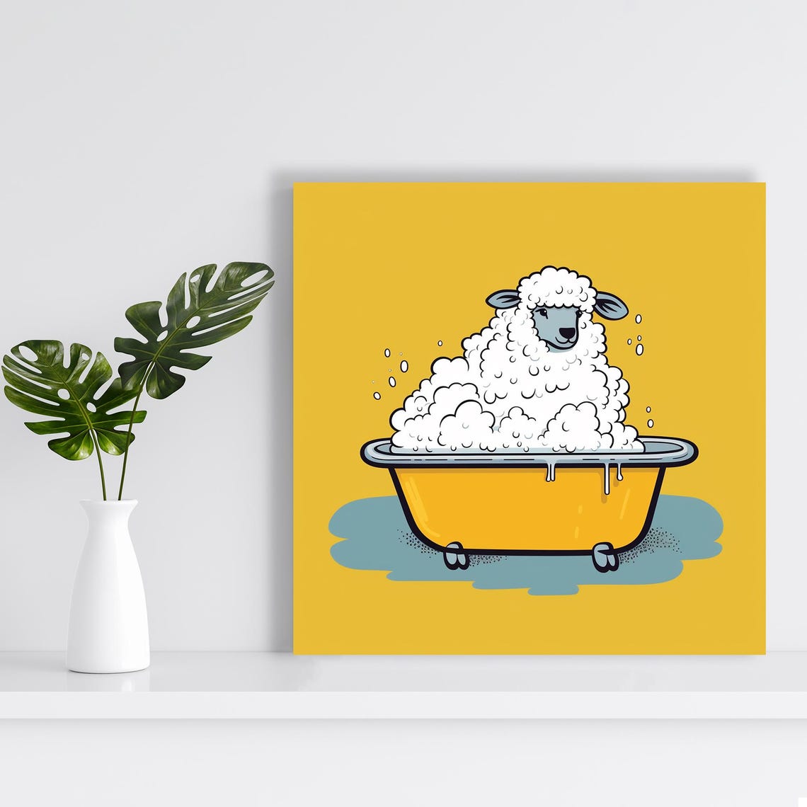 Sheep In Bubble Bath Cartoon Yellow Bathroom Whimsical Wall Poster - Image 2