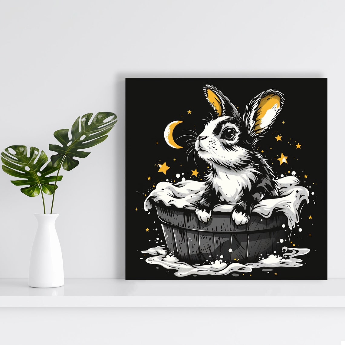 Bunny Bath Time Under Starry Night Moon Tub Animal Wall Art Poster - Image 2