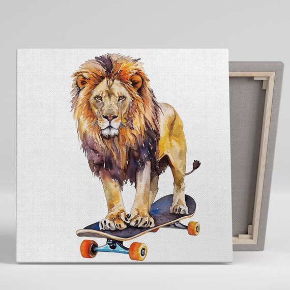 Lion Riding Skateboard Watercolor Whimsical Animal Fun Kids Room Wall Art Poster