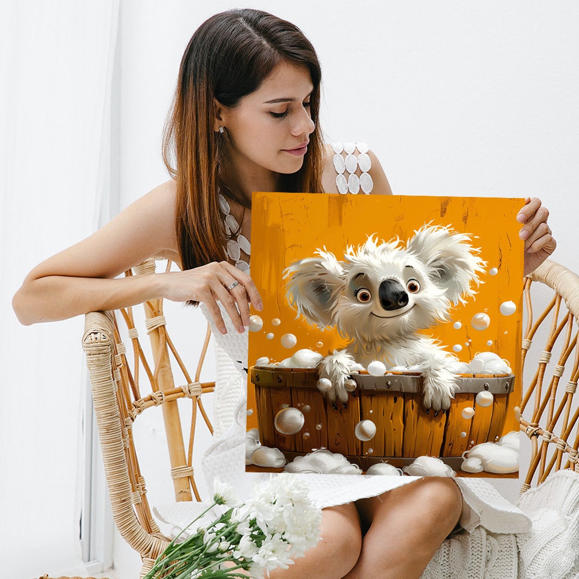Happy Koala Bubble Bath Wooden Tub Cute Cartoon Animal Wall Poster - Image 3