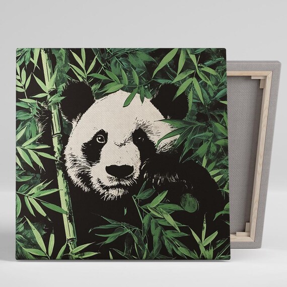 Panda Peeking Through Bamboo Leaves Green Black Nature Wall Poster