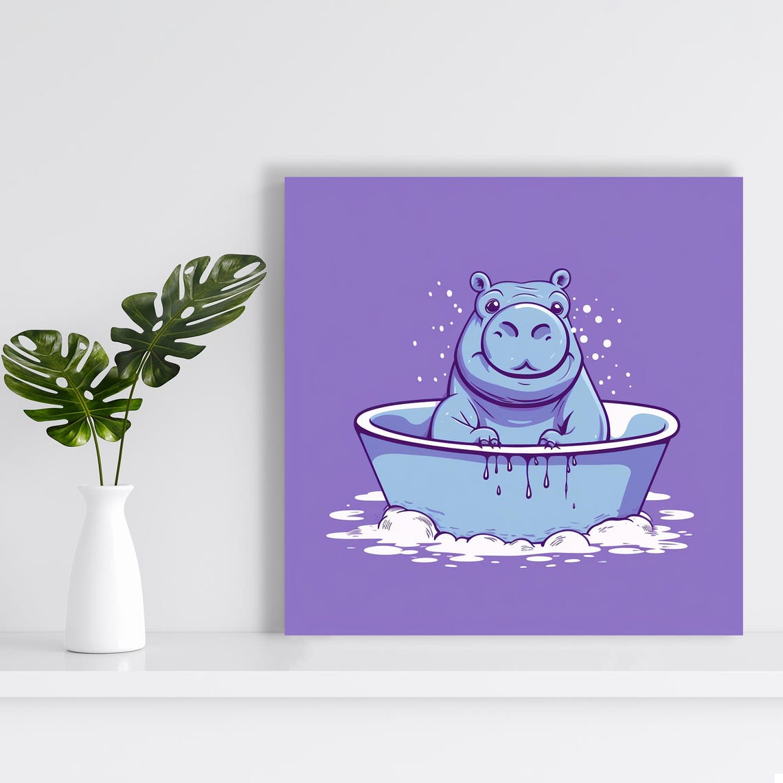 Cute Blue Hippo Relaxing In Bathtub On Purple Background Poster - Image 2