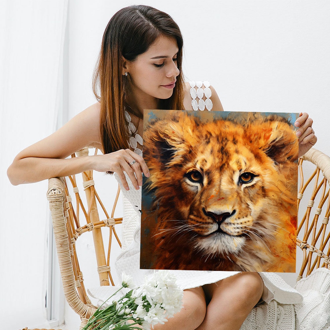 Lion Cub Face Golden Oil Painting Warm Wildlife Portrait Poster - Image 3