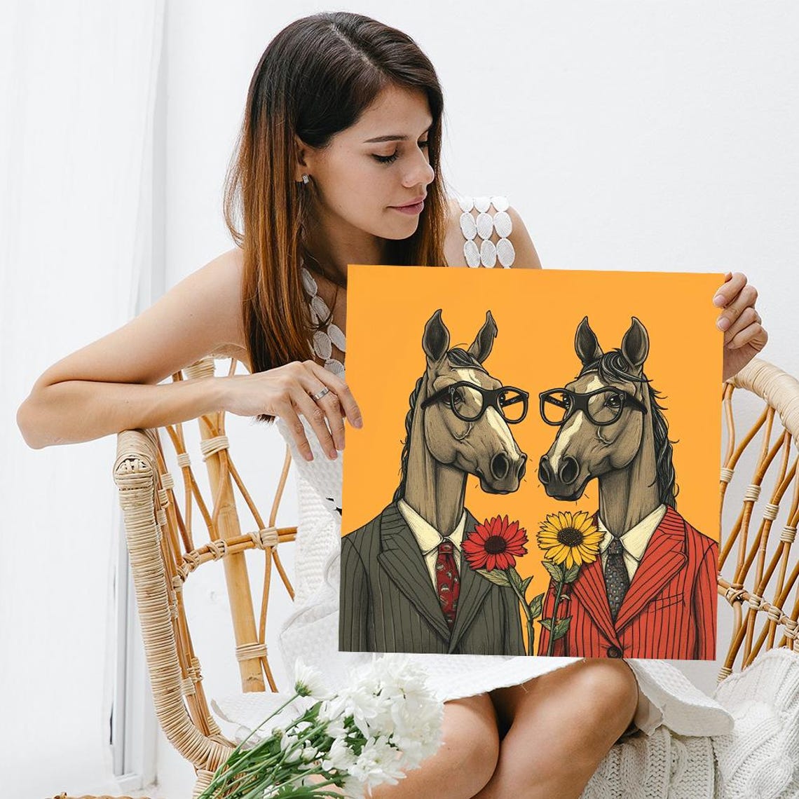 Dapper Horse Duo In Suits And Glasses Holding Flowers Retro Poster - Image 3