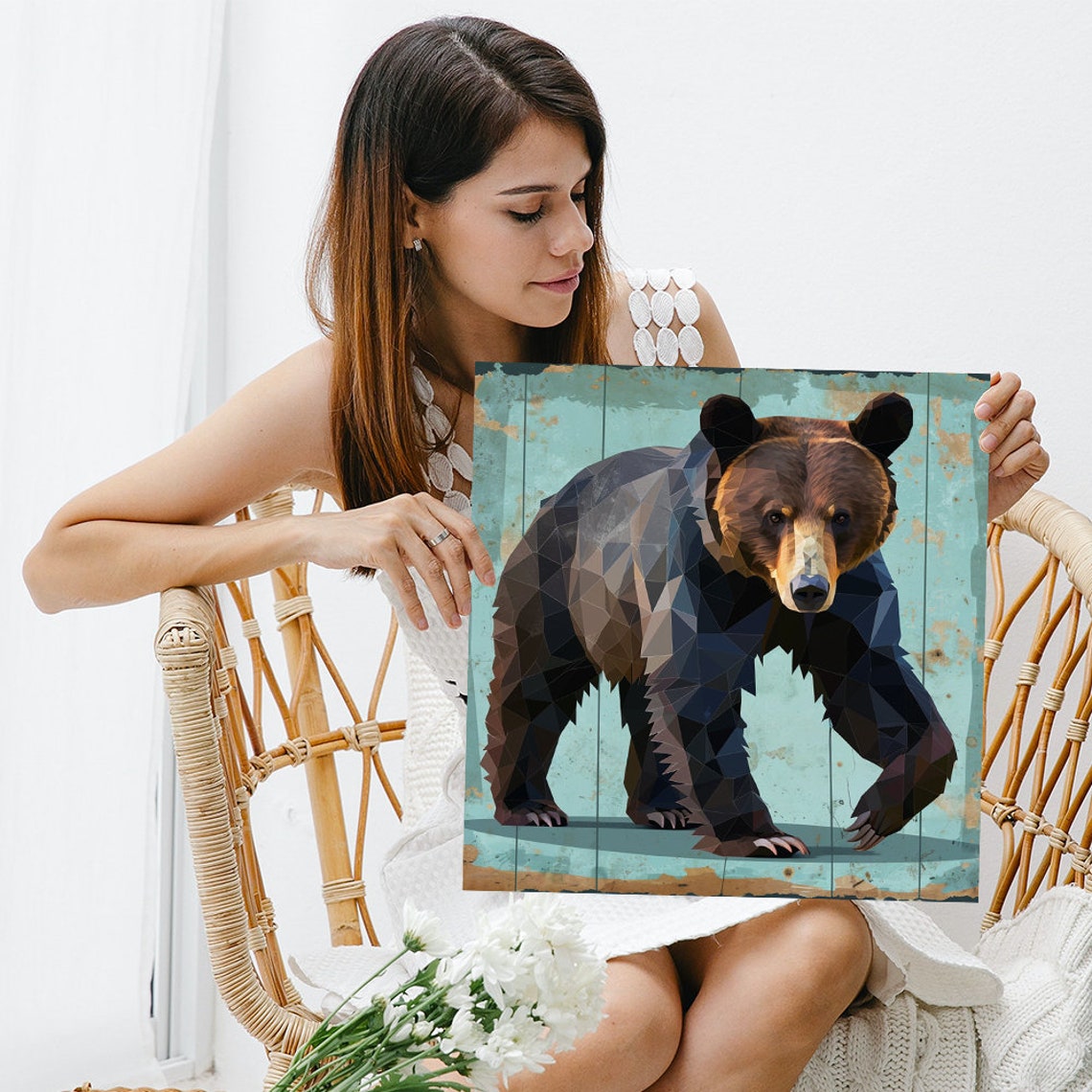 Geometric Low Poly Brown Bear Teal Wood Plank Background Poster - Image 3