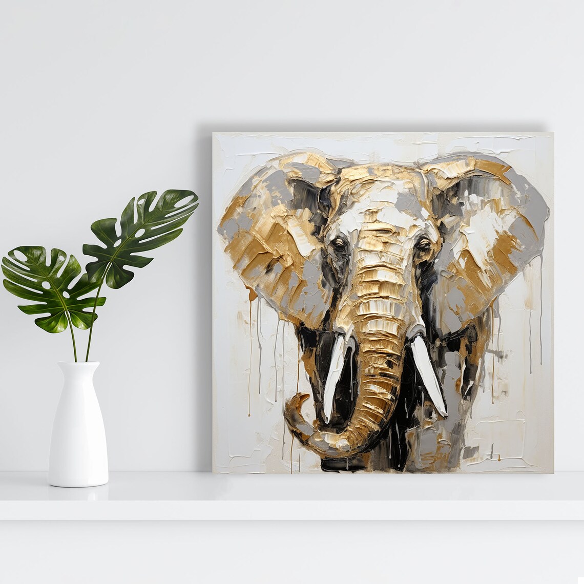 Elephant Portrait White And Gold Elegant Wildlife Impasto Canvas Poster - Image 4