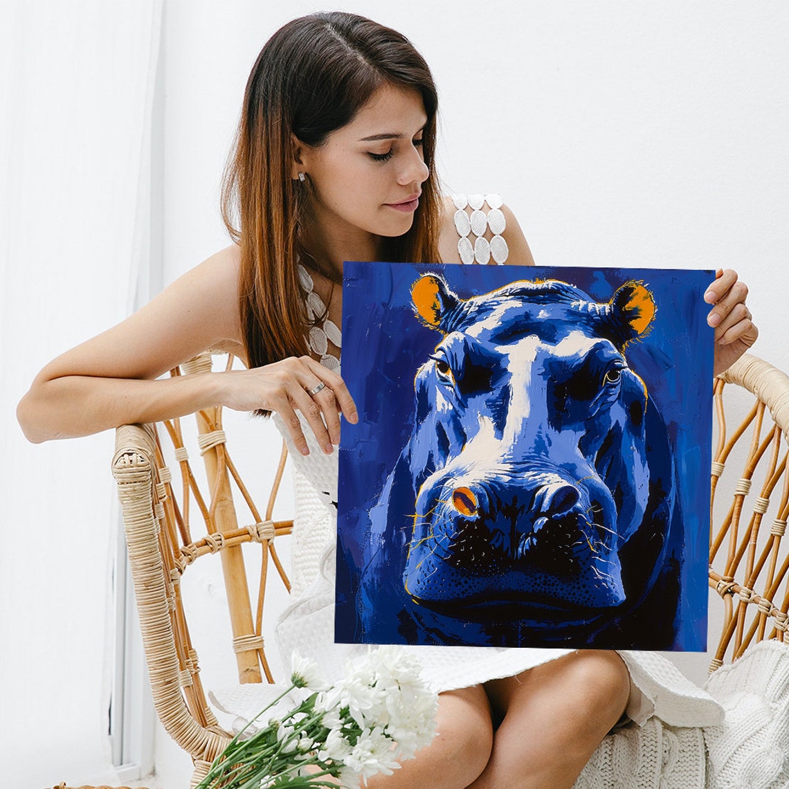 Electric Blue Hippo Gaze Impasto Portrait Bold Art Wall Poster - Image 3