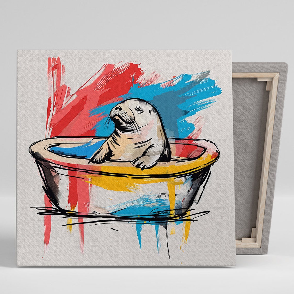 Smiling Seal In Bathtub Splashy Red Blue Pop Art Wall Poster