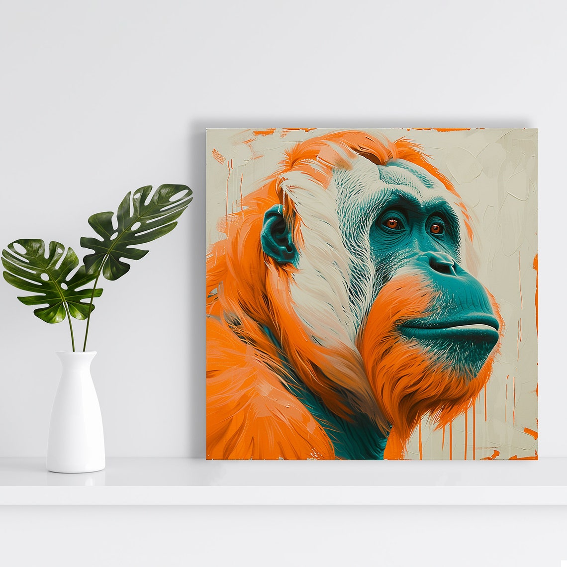 Orangutan Portrait Teal Orange Modern Primate Jungle Wall Poster - Image 2