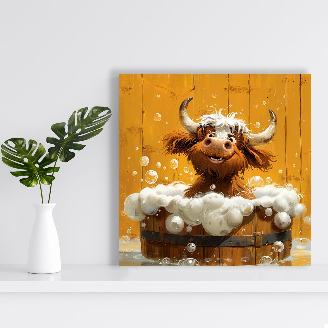 Happy Highland Cow Bubble Bath Wooden Barrel Farm Animal Poster - Image 2