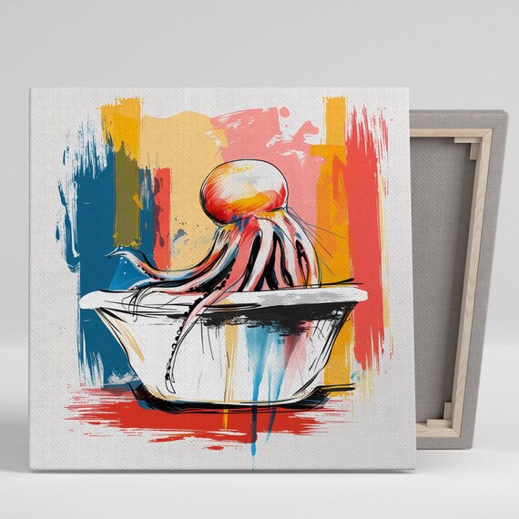 Octopus Splash Art Or Poster Abstract Whimsical Coastal Decor Bathroom Kitchen Living Room Dining Room Wall Art Red Yellow White