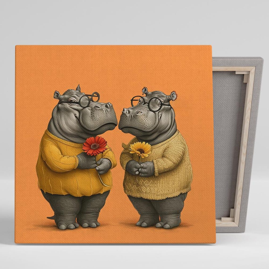 Sweet Hippos in Sweaters Glasses Flowers Cute Orange Animal Poster