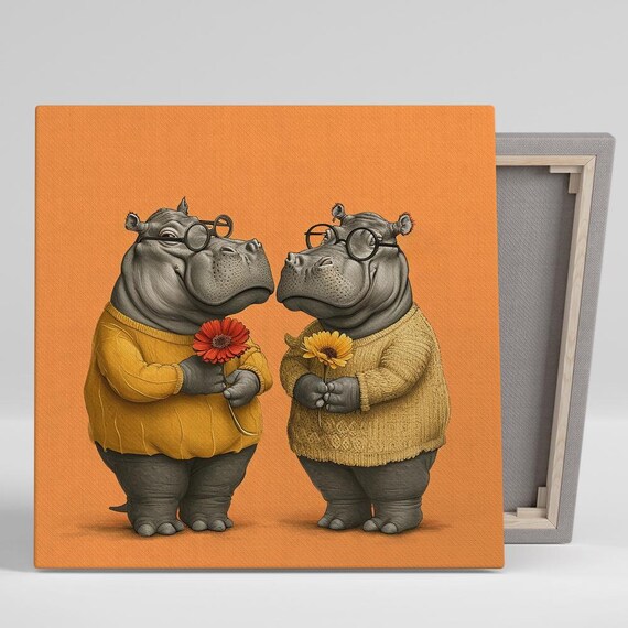 Sweet Hippos in Sweaters Glasses Flowers Cute Orange Animal Poster